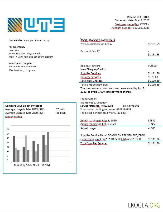 Uruguay Ute electricity bill in word format template